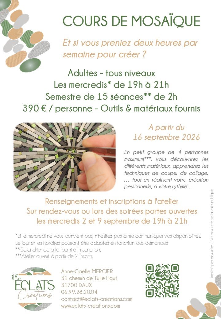 Cours hebdo soir mosaïque adulte - Eclats Créations - Daux (proche Toulouse et Blagnac)